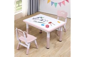 CuFun Kids Table and Chairs Set, Height-Adjustable Toddler Table and Chairs Set for Age 3-8, 31.5''Lx23.6''W Graffiti Desktop, Kids Activity Table for Daycare, Classroom, Home (Pink, 2 Chairs)