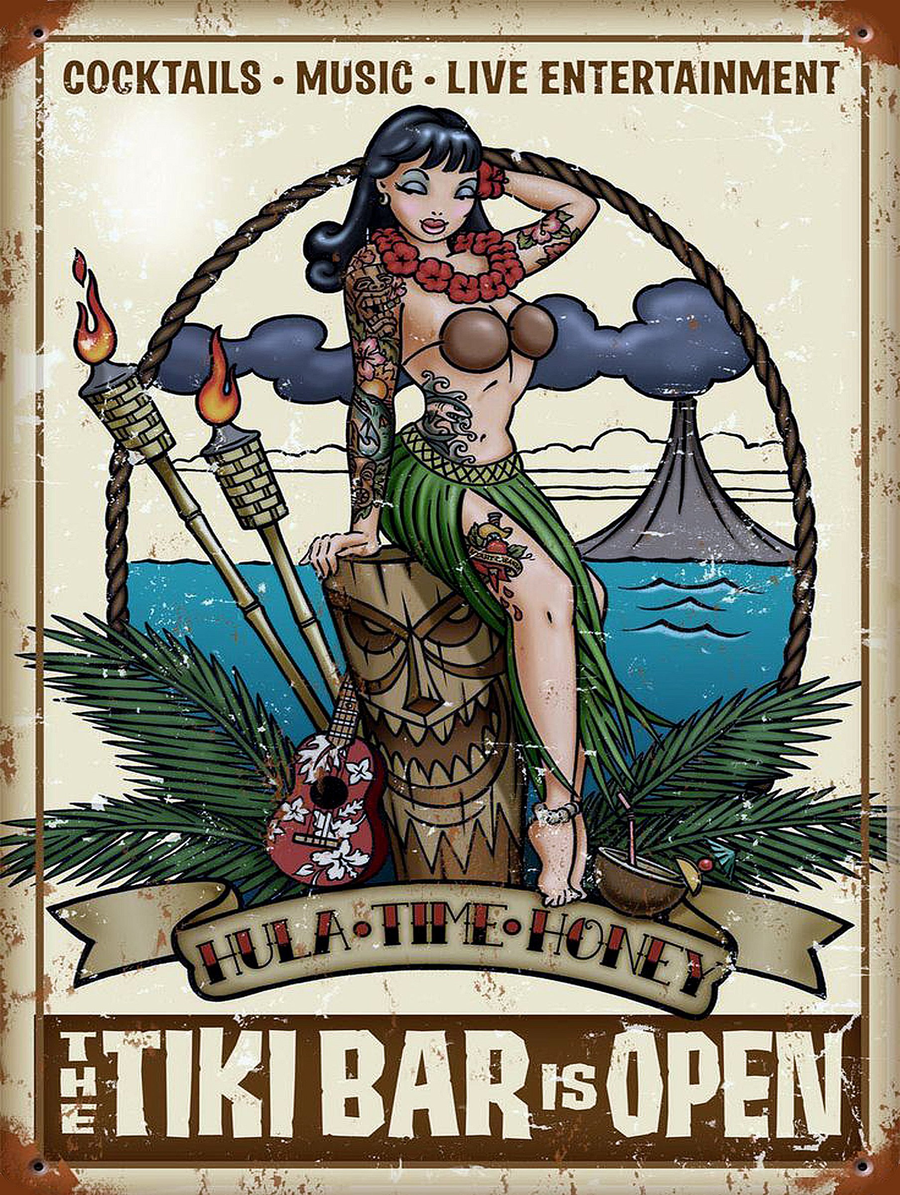 Shawprint TIKI BAR OPEN COCKTAIL METAL TIN PLAQUE ADVERTISING WALL SIGN RETRO ART PUB BAR CLUB MAN CAVE (10" x 8")