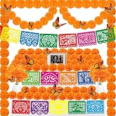 94Pcs Day of The Dead Decorations Set,18 Mexican Party Banners Papel Picado, 2 Artificial Marigold Garland, 50 Marigold Flowers with Stem, 24 Butterfly for Dia De Los Muertos Indian Diwali Altar Decor
