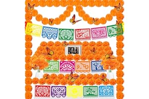 FULASITEU 94Pcs Day of The Dead Decorations Set,18 Mexican Party Banners Papel Picado, 2 Artificial Marigold Garland, 50 Marigold Flowers with Stem, 24 Butterfly for Dia De Los Muertos Indian Diwali Altar Decor