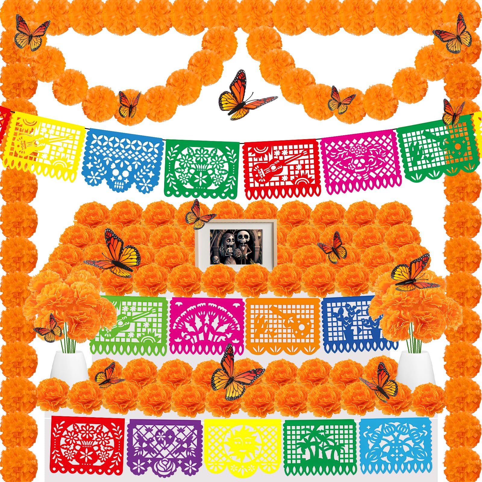 Photo 1 of 94Pcs Day of The Dead Decorations Set,18 Mexican Party Banners Papel Picado, 2 Artificial Marigold Garland, 50 Marigold Flowers with Stem, 24 Butterfly for Dia De Los Muertos Indian Diwali Altar Decor