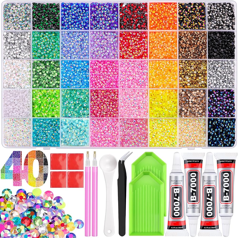 TINKRSTUFF 50000Pcs 3mm Jelly Rhinestones Bedazzling Kit | 40 Colors Flatback Bedazzler Gems, 3Pcs B7000 Jewelry Glue, Diamon
