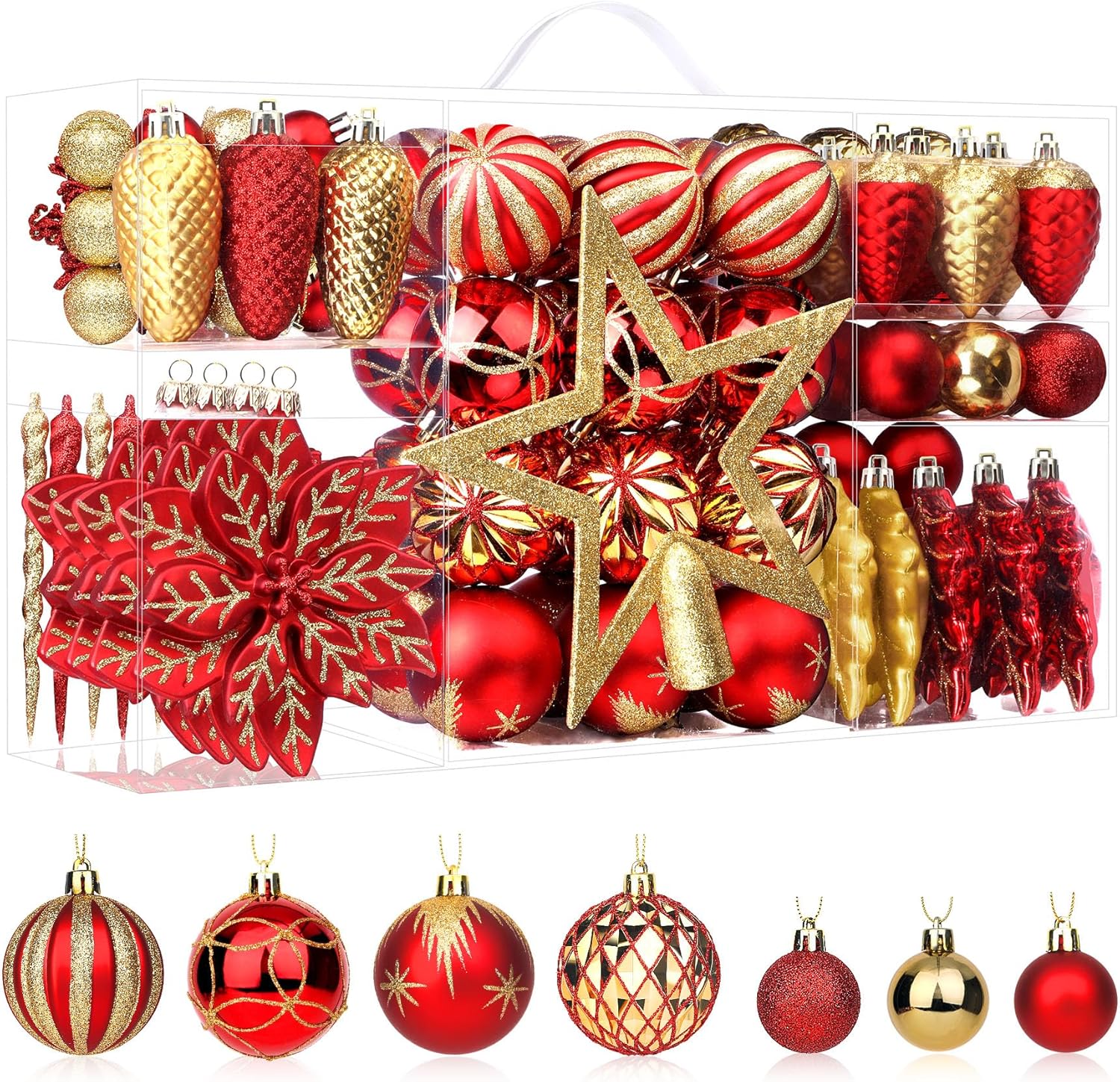 Ornaments - SHareconn 106pcs Christmas Balls Ornaments Set, Shatterproof Plastic Decorative Baubles for Xmas Tree Decor Holiday Wedding Party Decoration with Hooks Included, Red & Gold