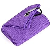 Mile High Life Tri-fold Golf Towel | 16" X 24" | Premium Microfiber Fabric | Waffle Pattern | with Heavy Duty Carabiner Clip | for Men and Women (Purple)