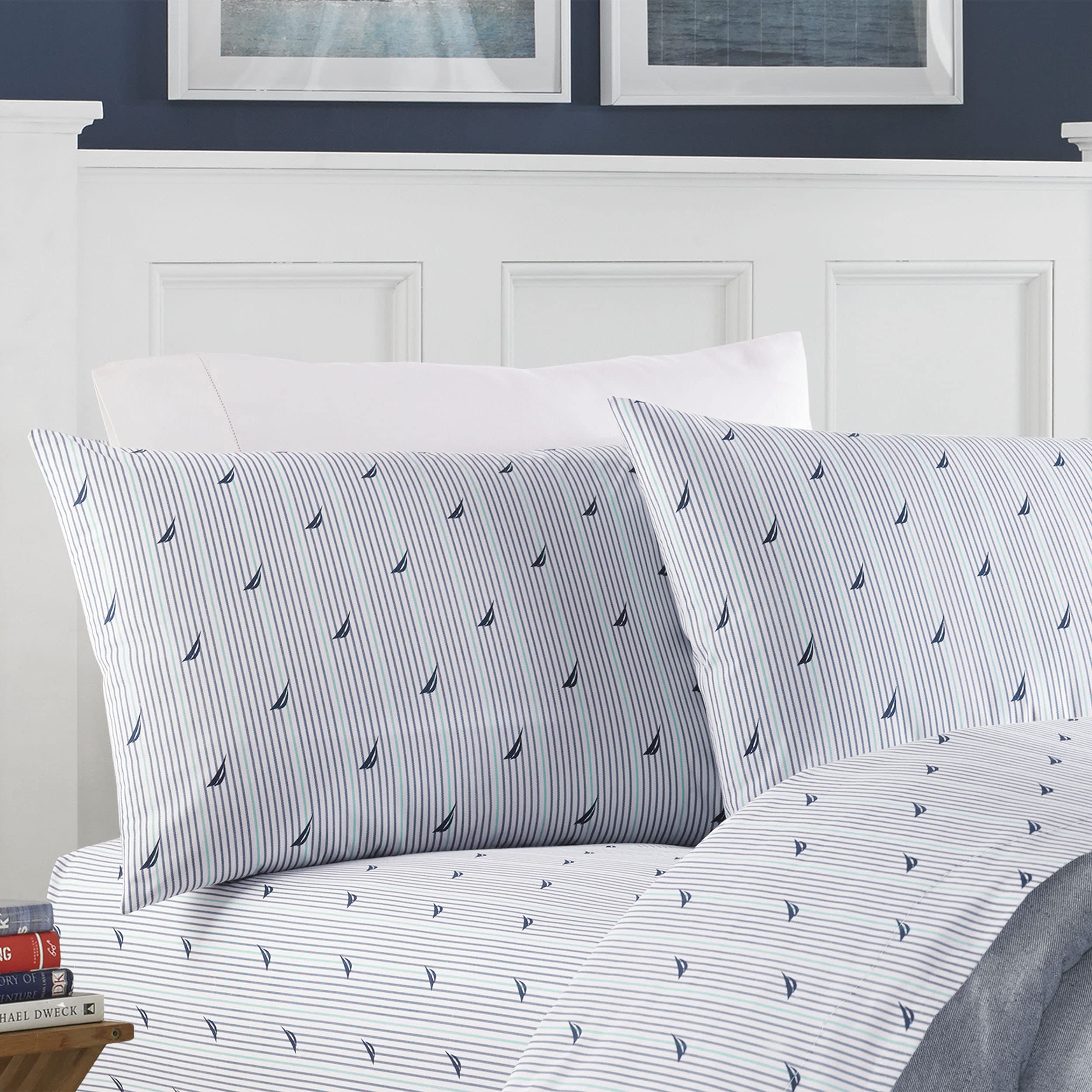 Nautica - Twin Sheets, Cotton Percale Bedding Set, Casual Home Decor, Dorm Room Essentials (Audley Stripe Blue, Twin)