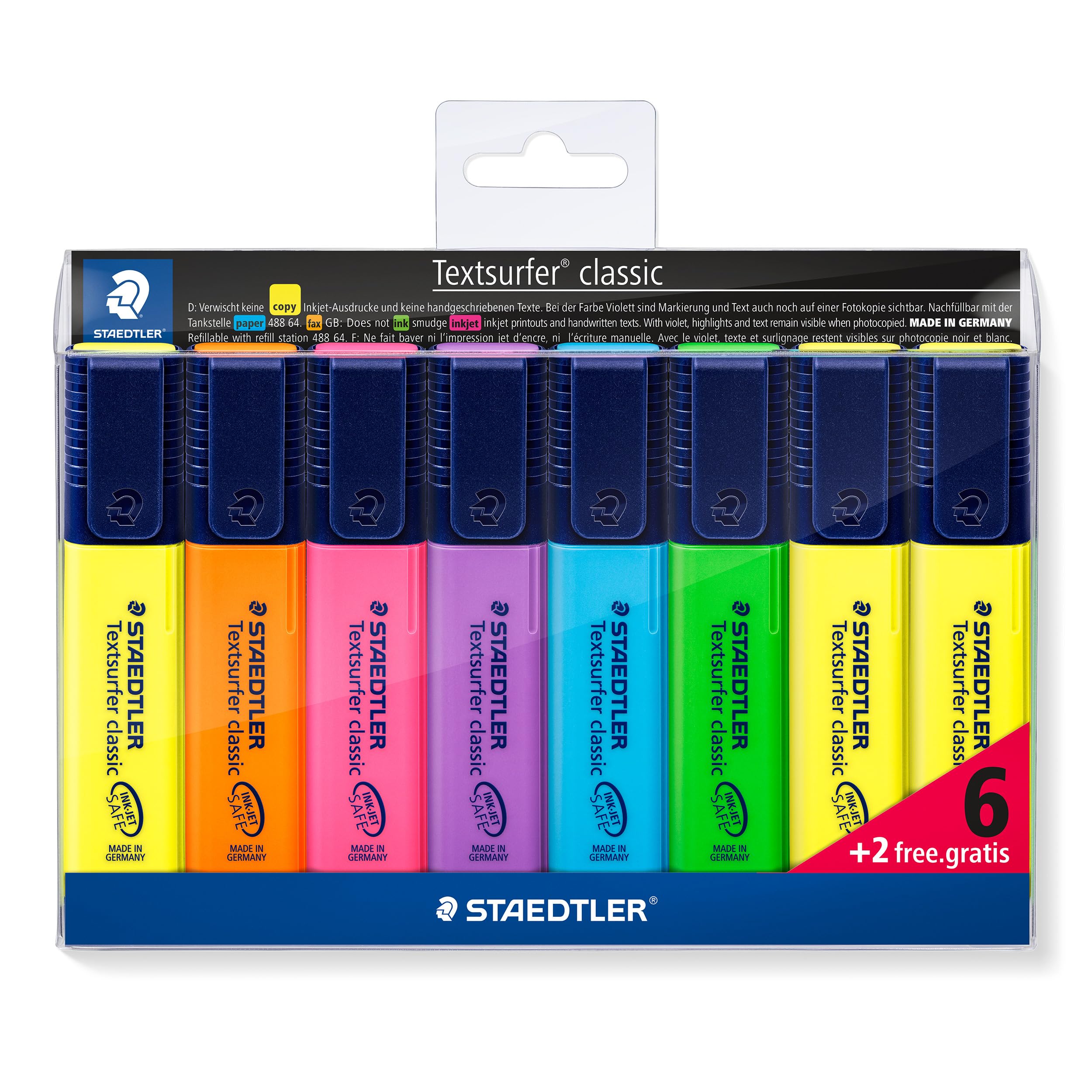 STAEDTLER Highlighter Pens Multipack - Textsurfer - Chisel Tip - 7 Assorted Neon Colours + 1 Free Yellow - Pack of 8, 364 A WP8