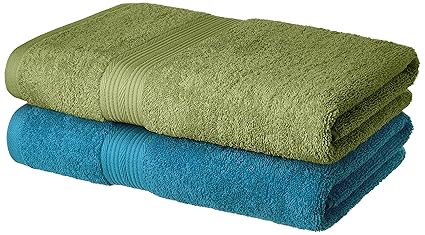 Amazon Brand - Solimo 100% Cotton 2 Piece Bath Towel Set, 500 GSM (Olive Green and Turquoise Blue)