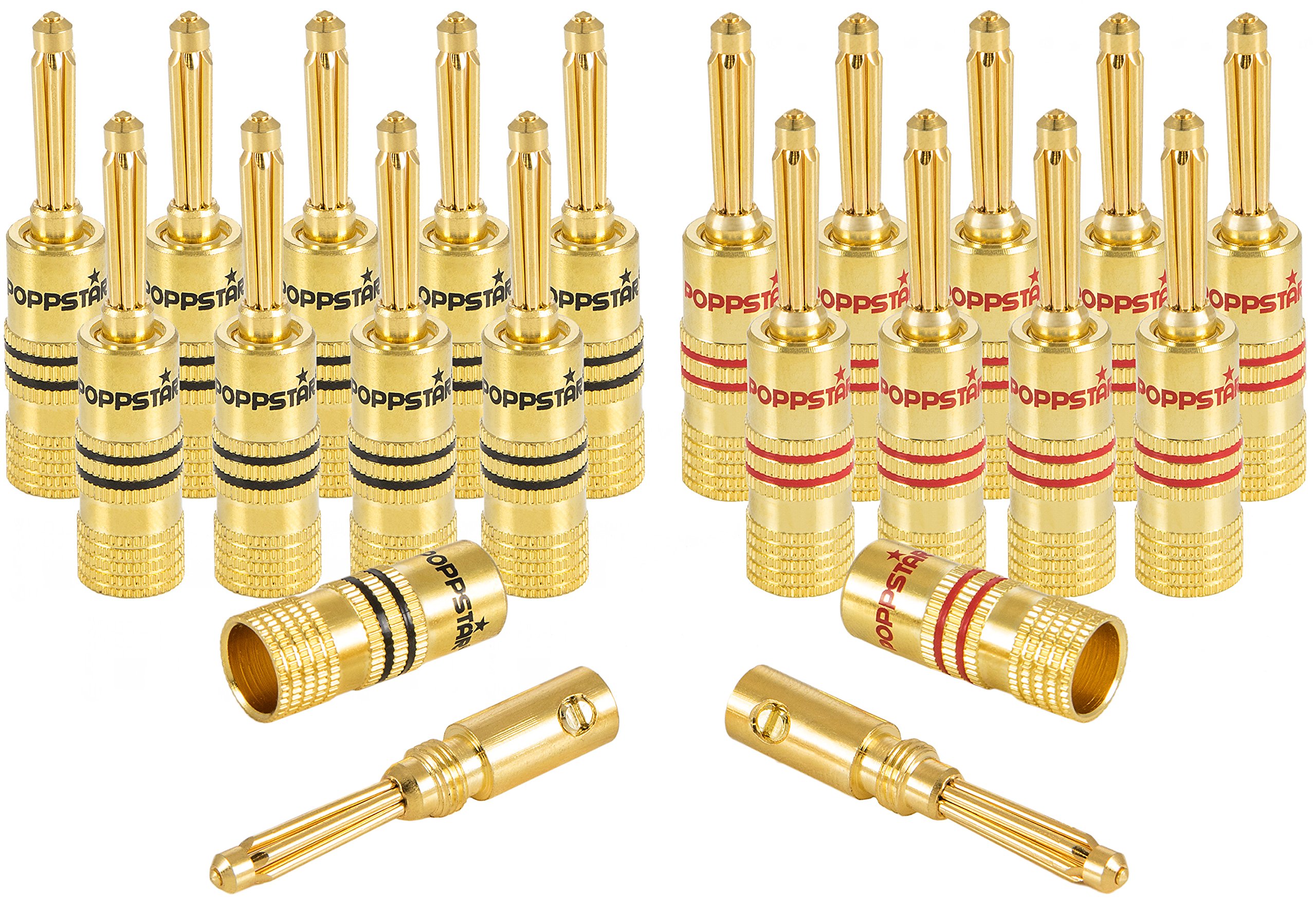 Poppstar 20x high end banana plugs, bananas for speaker cables (up to 4 mm²), speaker, AV receiver, 24k gold plated (10x black, 10x red)