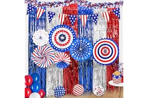 PARTY TONIGHT 4th of July Patriotic Decorations, Red White and Blue Decorationl Include 3 Pack Foil Fringe Curtains, Paper Fans, Pennant Bunting for Patriotic Party, Memorial Day, Independence Day, Labor Day
