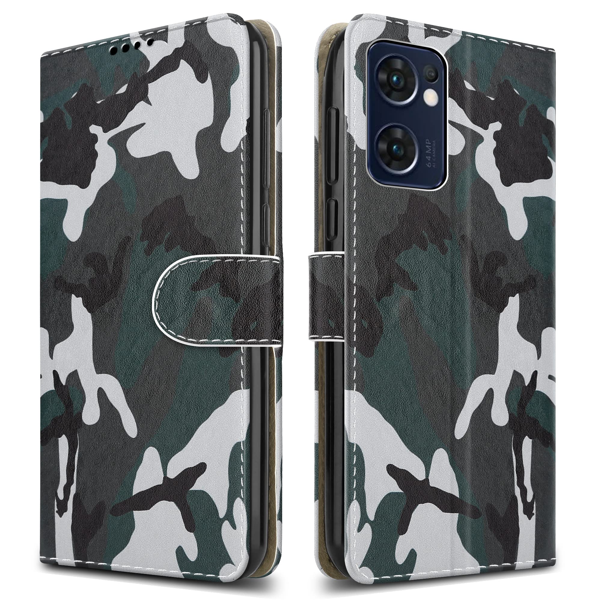 PIXFAB For Oppo Find X5 Lite 5G Leather Phone Case, Magnetic Closure Full Protection Book Folio Design, Wallet Case Cover [Card Slots] and [Kickstand] For Oppo Find X5 Lite 5G - Camouflage