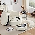 AYEASY Swivel Chair with Half Moon Storage Ottoman, Round Oversized Barrel with Base Storage for Living Room, 360°Modern Swivel Accent Chair with 3 Pillows for Home, Teddy Fabric,Beige