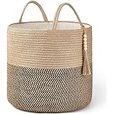 Mkono Woven Storage Basket Decorative Rope Basket Wooden Bead Decoration for Blankets,Toys,Clothes,Shoes,Plant Organizer Bin with Handles Living Room Home Decor, Yellow and Black, 16" W × 13.8"