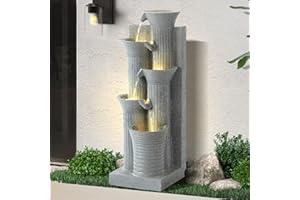 Dephet 5-Tiers Outdoor Garden Water Fountain with Cascading Rock, Fountains and Waterfalls w/LED,Indoor/Outdoor Floor Standing Water Feature w/Bamboo Joint Decor for Patio, Backyard (Light Grey)