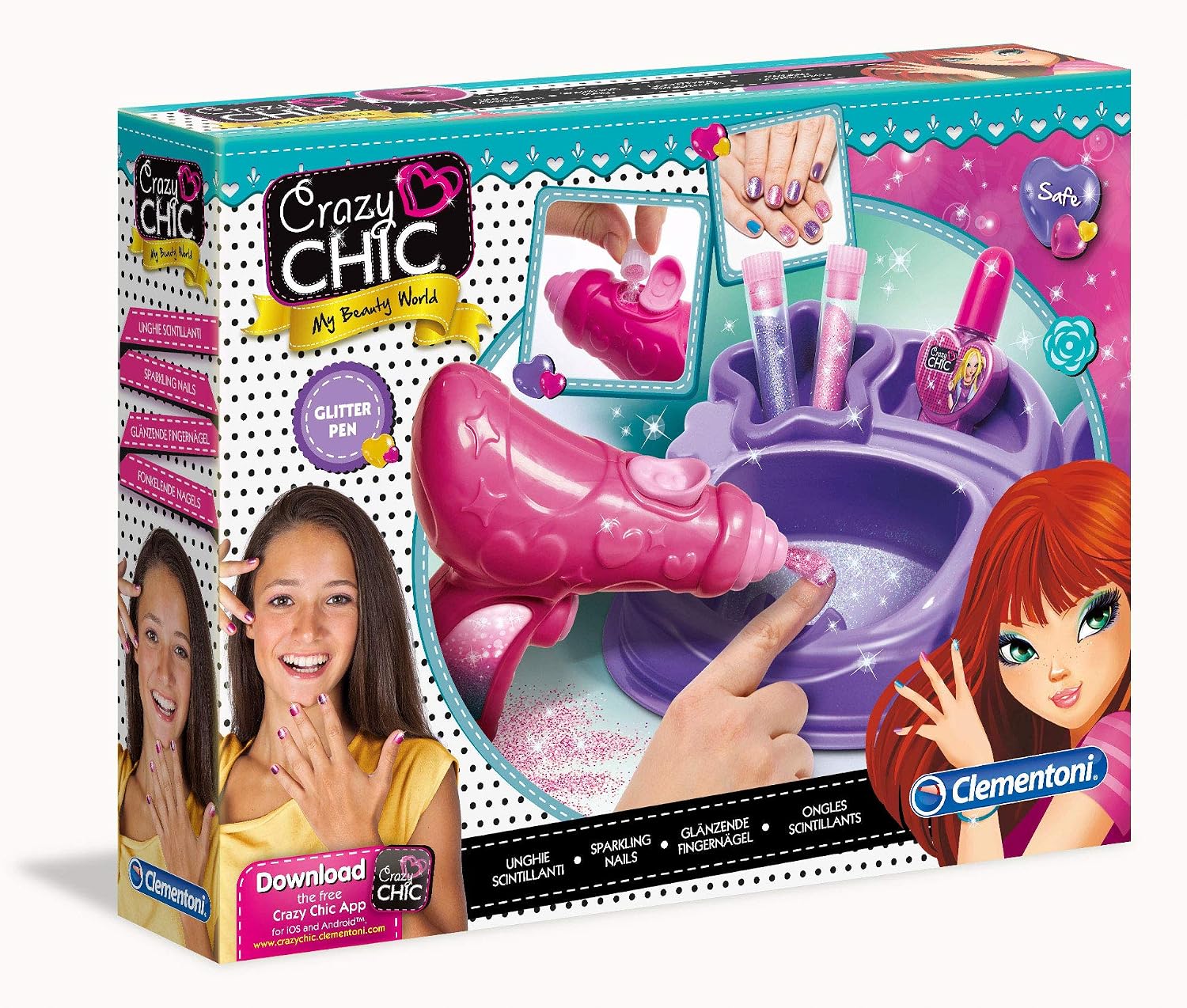 Clementoni- Crazy Chic Glitter Nail Art Set: Electric Nail Polish & Glitter for Sparkling Manicures (6+ Years)