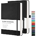 RETTACY Blank Journal Notebook, 2-Pack, 192 Pages per Pack, 5.7'' × 8.3'', Medium Size, for Sketching, Drawing, Painting, 68 LB/100 GSM Thick Paper, Leather Hardcover (Black & Black)