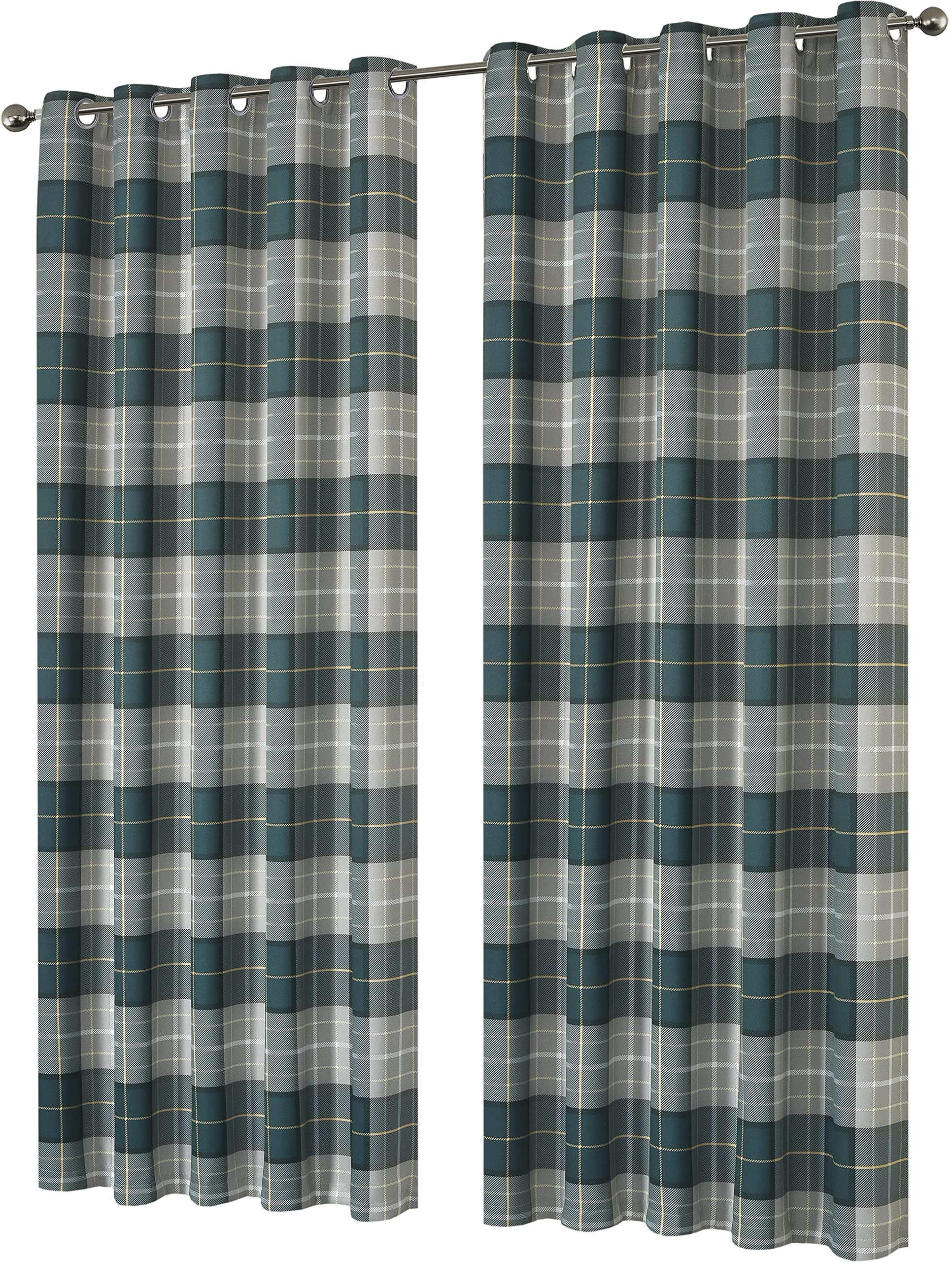 Olivia Rocco Printed Blackout Eyelet Curtains Black Out Thermal Insulated Ring Top Curtain Room Darkening Pair Window Treatment For Living And Bedroom, Check Emerald 55 x 54