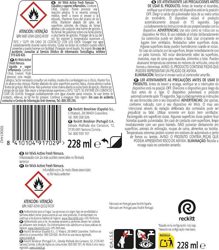 Active Fresh Automatic Spray Sem Aerossol - ambientador caseiro neutralizador de odores com fragrância Nenuco, 2 vezes mais óleos essenciais - Recarga (228ml), até 70 dias de duração