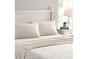 Laura Ashley - Flannel Sheets Queen Size, Anti-Pilling & Wrinkle Resistant Cotton, Touchably Soft for All-Season Comfort - Bed Sheets with Matching Pillowcases & Fitted Sheet (Victoria Beige)