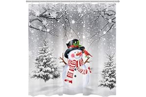 HVEST Christmas Shower Curtain for Bathroom Decor, Winter Snowman in Snowy Forest Shower Curtains, Snow Covered Pine Trees Polyester Waterproof Durable Fabric Bath Accessories