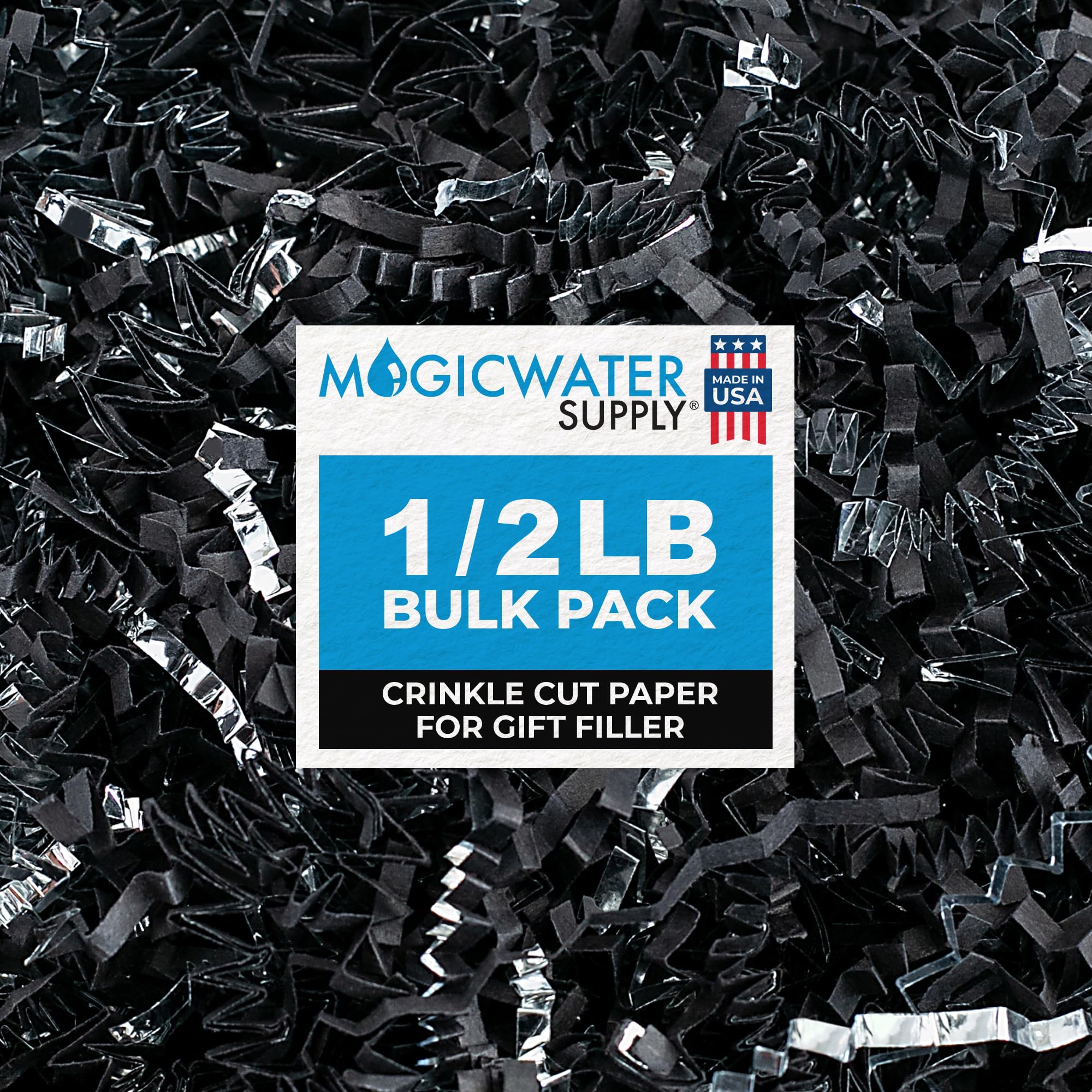 MagicWater Supply - 1/2 LB - Black & Silver - Crinkle Cut Paper Shred Filler great for Gift Wrapping, Basket Filling, Birthdays, Weddings, Anniversaries, Valentines Day, and other occasions