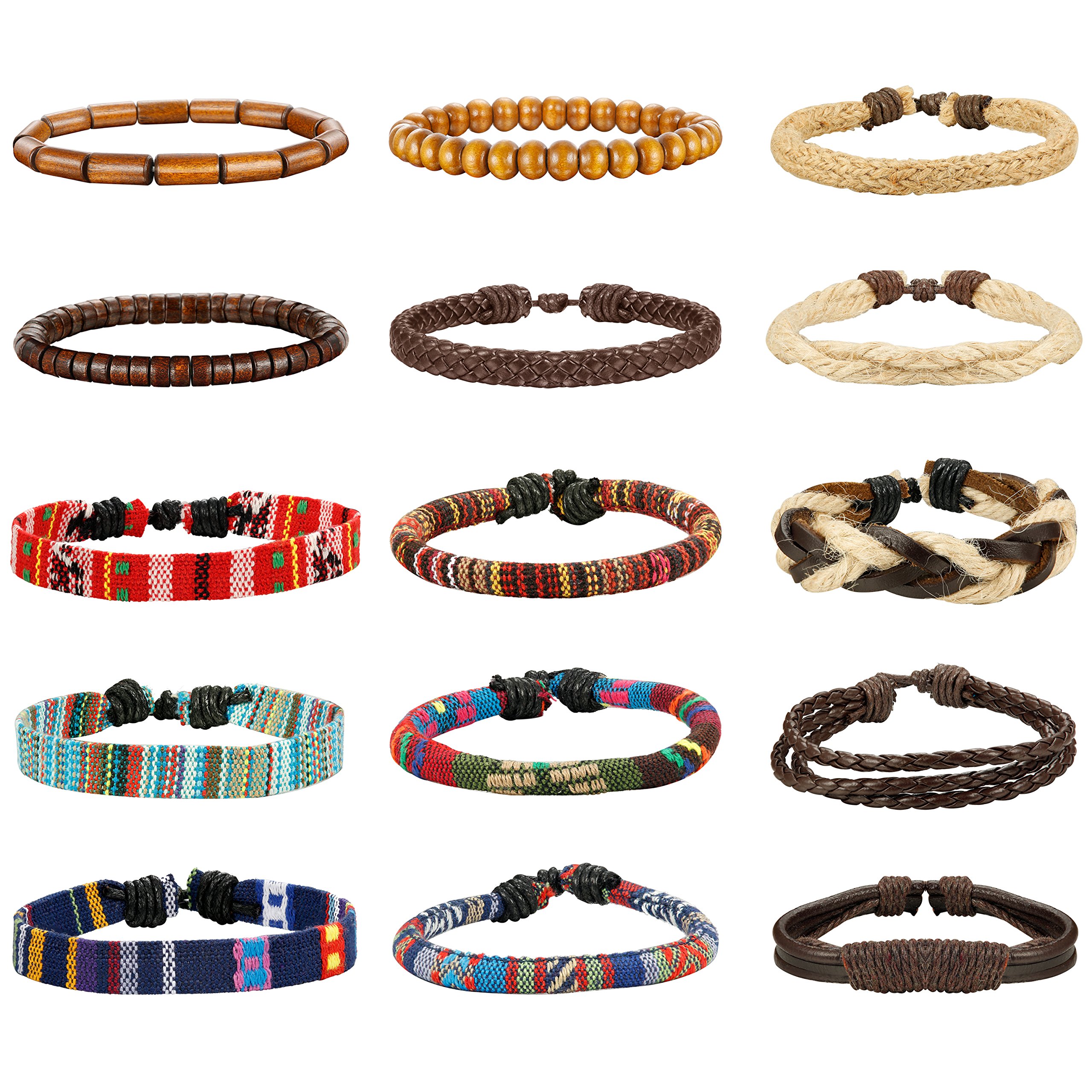 15pcs Men Women Linen Hemp Cords Wood Beads Ethnic Tribal Bracelets
