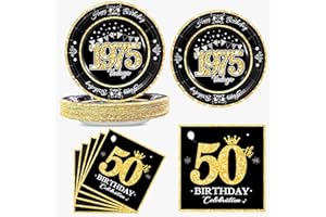 algpty 60 PCS Vintage 50th Birthday Plates and Napkins Set, 50th Birthday Decorations Black and Gold, Service for 30, 1975 Dessert Plates and Napkins Party Supplies for Men Women