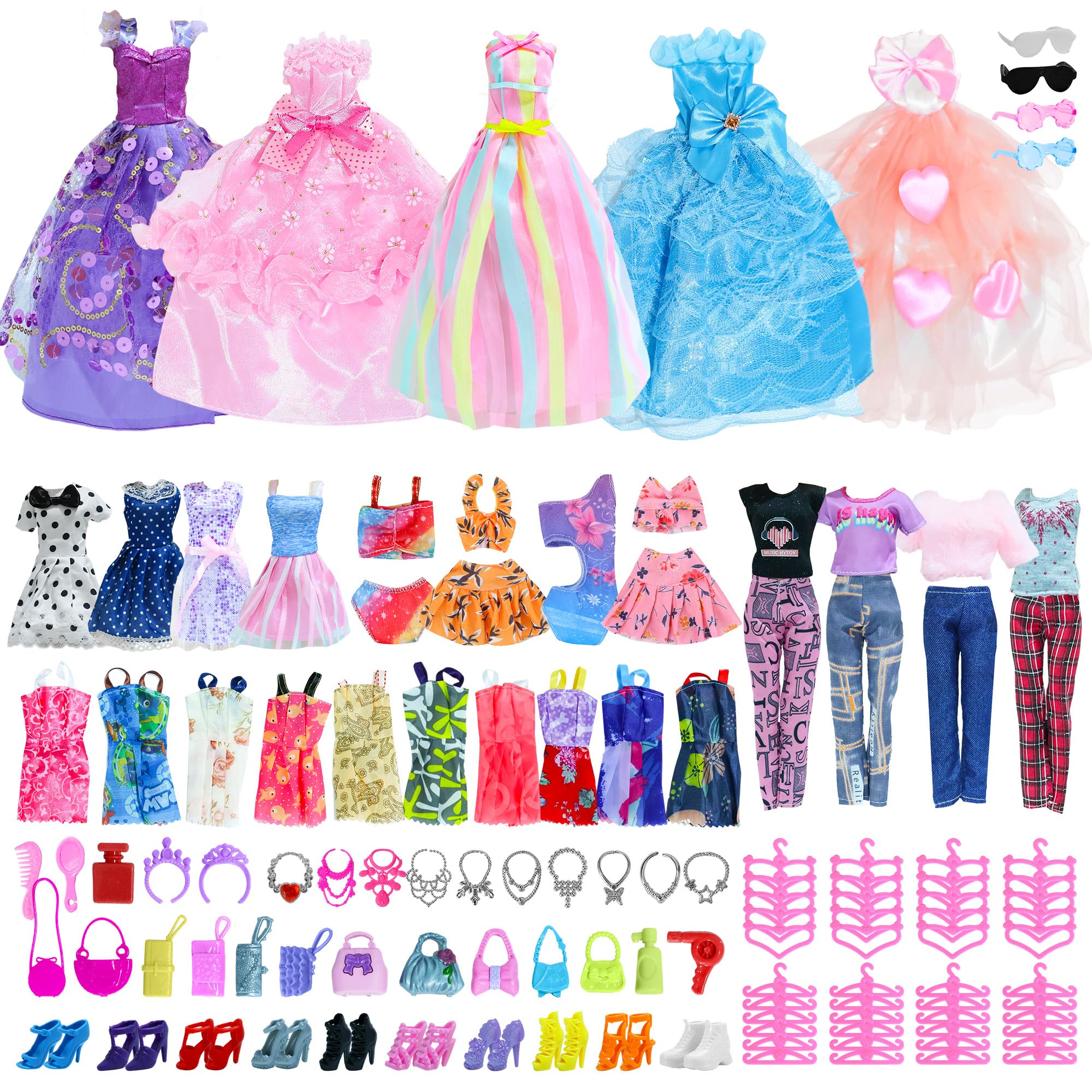 100 Pcs Doll Clothes Accessories Compatible with Barbie Doll, Princess Dresses Tops Short Sleeves Swimwear Fashionable Skirt Strappy Dress Hanger Bag Jewellery Shoes for 11.5inch Girl Doll, Random