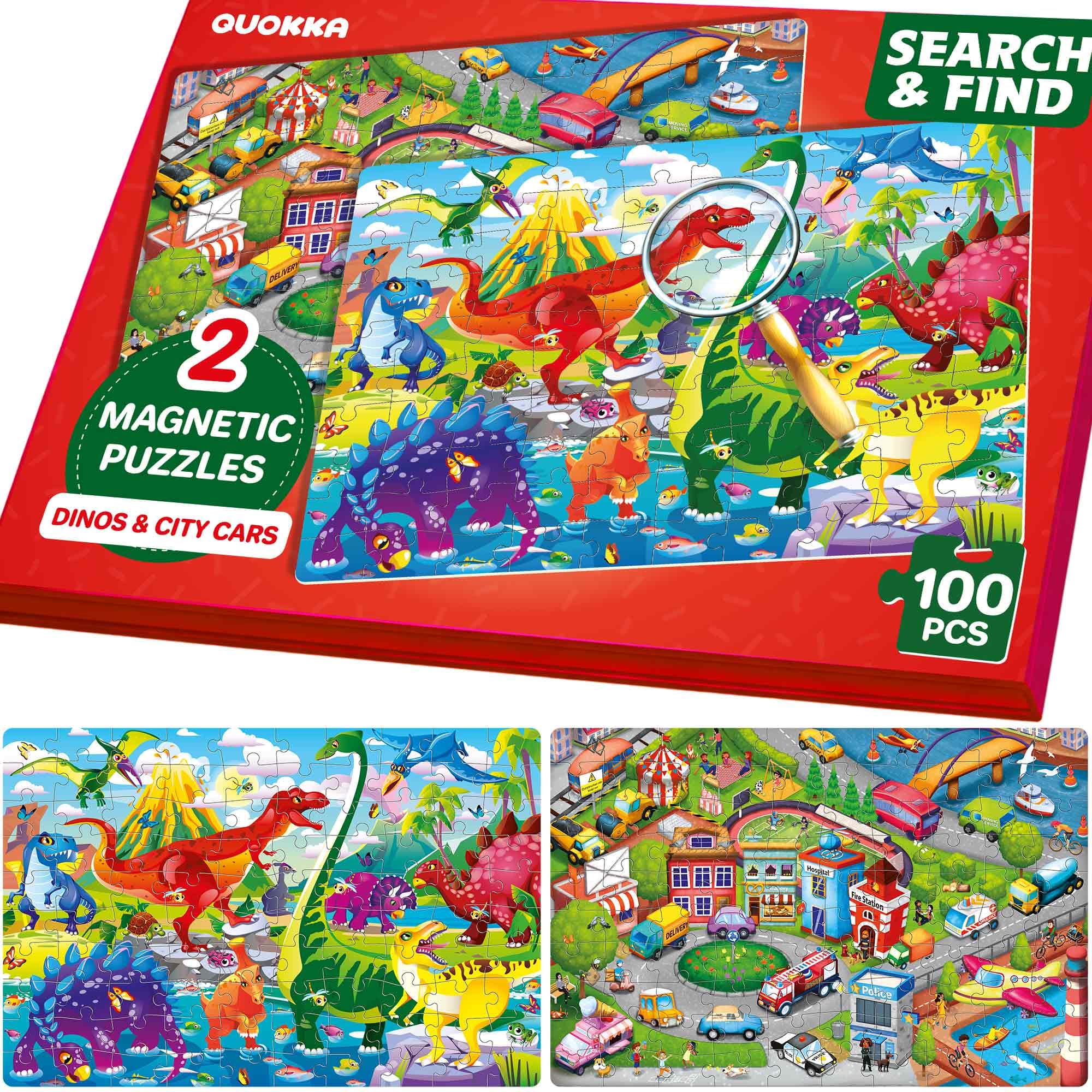 QUOKKA Magnetic Jigsaw Puzzles For 6 7 Year Olds - 2x100 PCS Kids Puzzles age 5-8 with Spot The Difference Maps - Search and Find Home and Travel Magnetic Activity Book - Dinos & City Cars