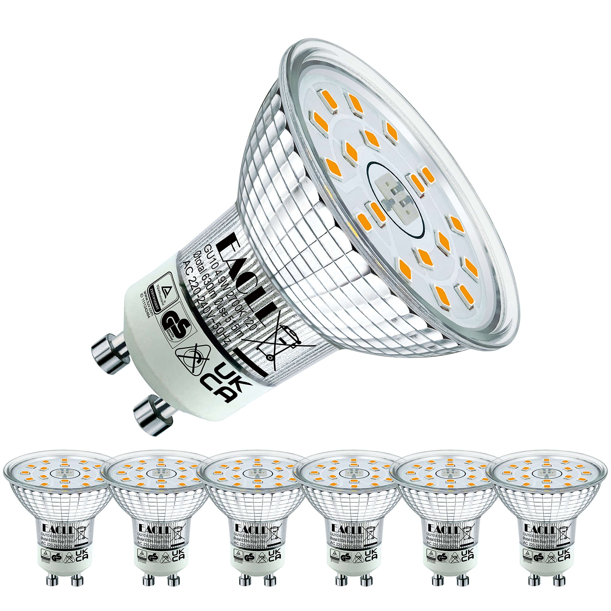 EACLL GU10 LED Bulbs Warm White 4.9W Equivalent 70W Halogen, Pack of 6, 515 Lumens 2700K, AC 230V Flicker-Free Spot Light, Wide Beam Angle 120°, Non-Dimmable Energy Saveing Reflector Lamp
