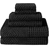 Texere 100% Organic Cotton Diamond Jacquard 700 GSM Luxury Bath Towel Sets - Spa Quality Bath Towels, Hand Towels, Washcloths (Diamond, Black, 6 Piece)