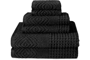 TEXERESILK Texere 100% Organic Cotton Diamond Jacquard 700 GSM Luxury Bath Towel Sets - Spa Quality Bath Towels, Hand Towels, Washcloths (Diamond, Black, 6 Piece)
