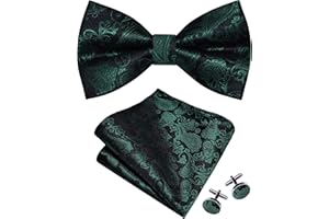 GUSLESON Mens Paisley Bow Tie Handkerchief Jacquard Woven Adjustable Pre-Tied Bowties Pocket Square Cufflinks Set
