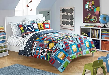 Little Starter Toddler Microfiber Cars Trains Trucks 4 Piece Bed In A Bag Set 43x58 Blue