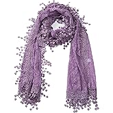 Women's lightweight Feminine Lace teardrop fringe Vintage Mesh Crochet Tassel Scarf for Women (Purple with Fringes)