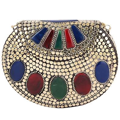 Besterbuy Handmade Attractive and Stylish Golden Antique Clutch Purse Wallet hard Handbag with Strong Golden Chain for Women