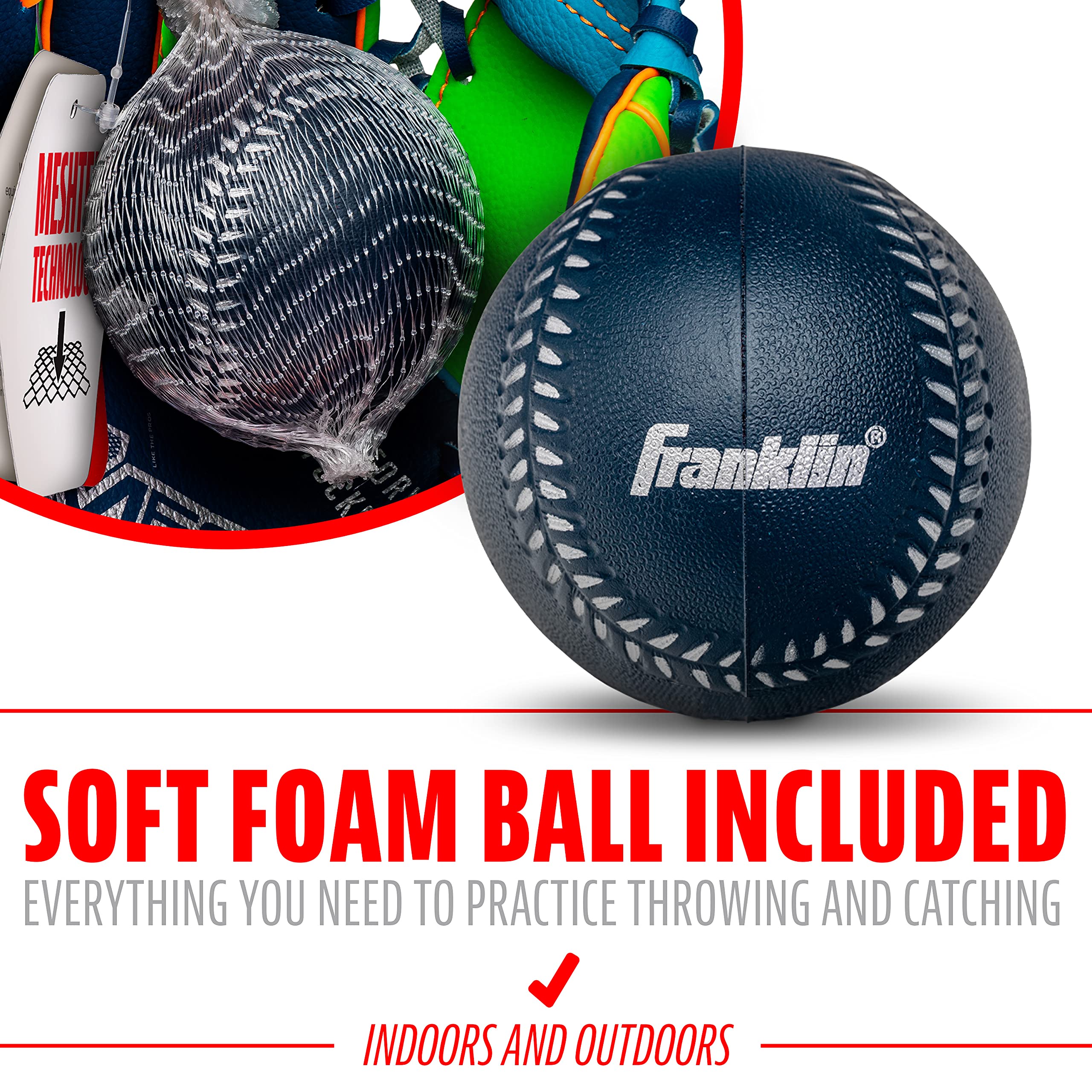 Franklin Sports Kids Baseball Glove + Foam Ball Sets - Meshtek Youth Teeball Gloves for Kids + Toddlers - Left + Right Hand Throw - 9.5