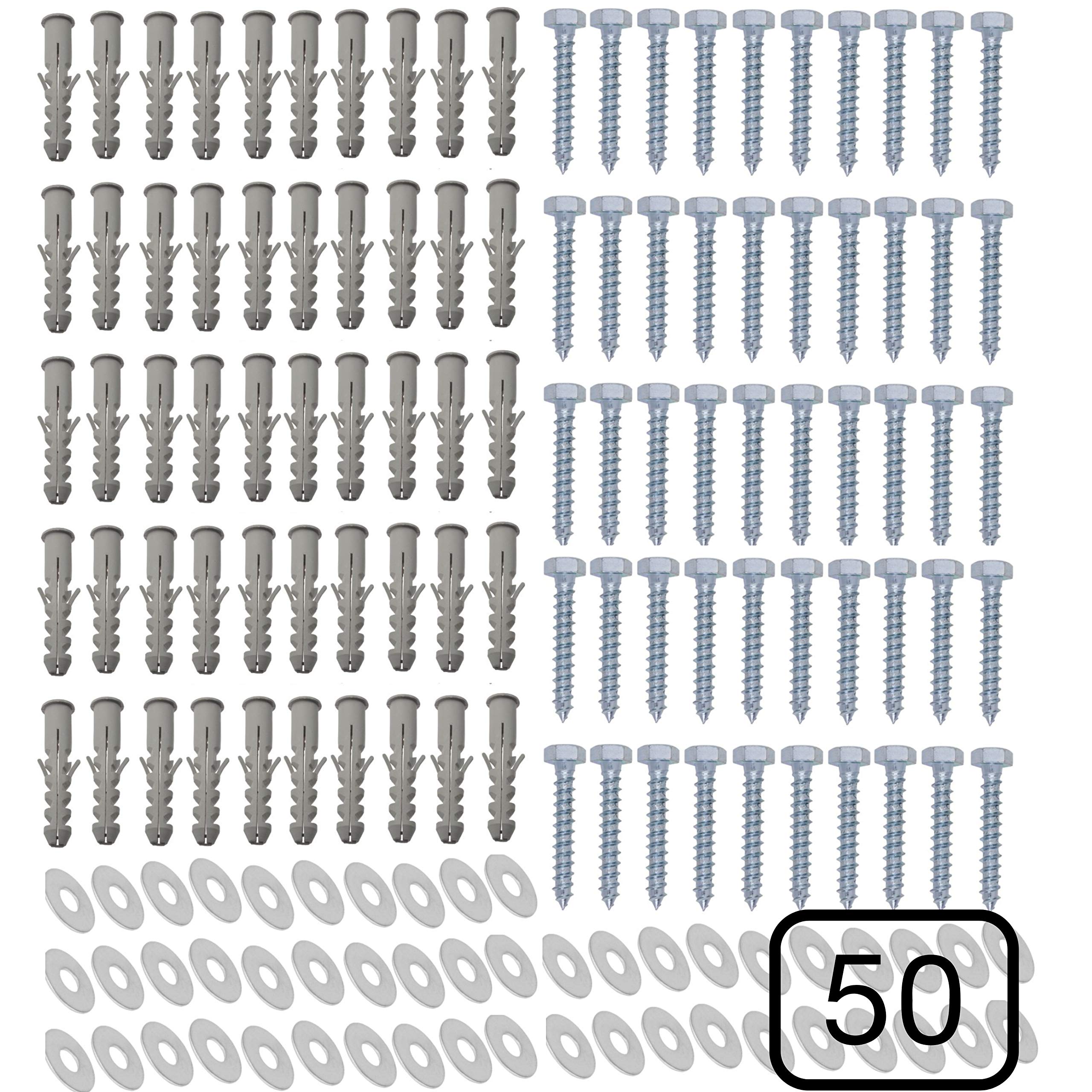 Inbrackets Value M8 x 50mm Masonry Brick Wall Fixing Screw Bolts with Plugs & Washers for Aerial Satellite Sky Dish Tv Bracket Fence Shelves Mounting (Pack of 50)