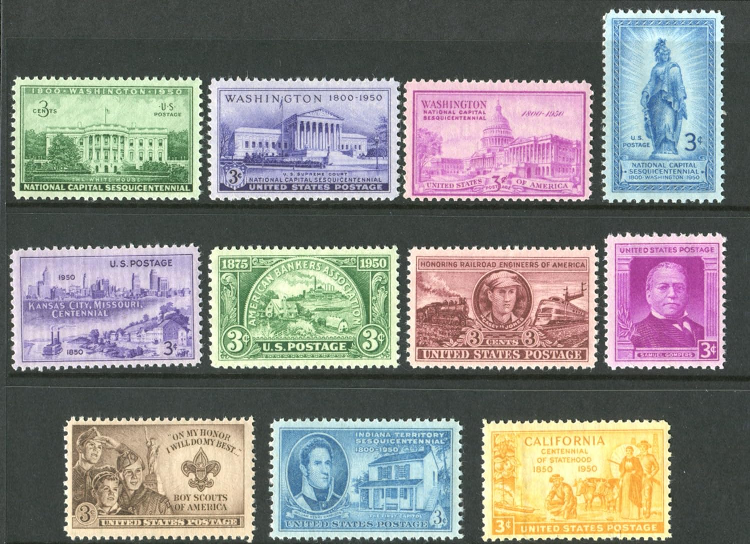 COMPLETE MINT SET OF POSTAGE STAMPS ISSUED IN THE YEAR 1950 BY THE U.S. POST OFFICE DEPT. (11 stamps total)