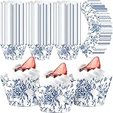 Domensi 100 Pcs Blue Floral Cupcake Wrappers Rustic Cupcake Liners Baking Cups Baking Liners for Wedding Bridal Baby Shower Birthday Party Supplies Dessert Decoration, Blue