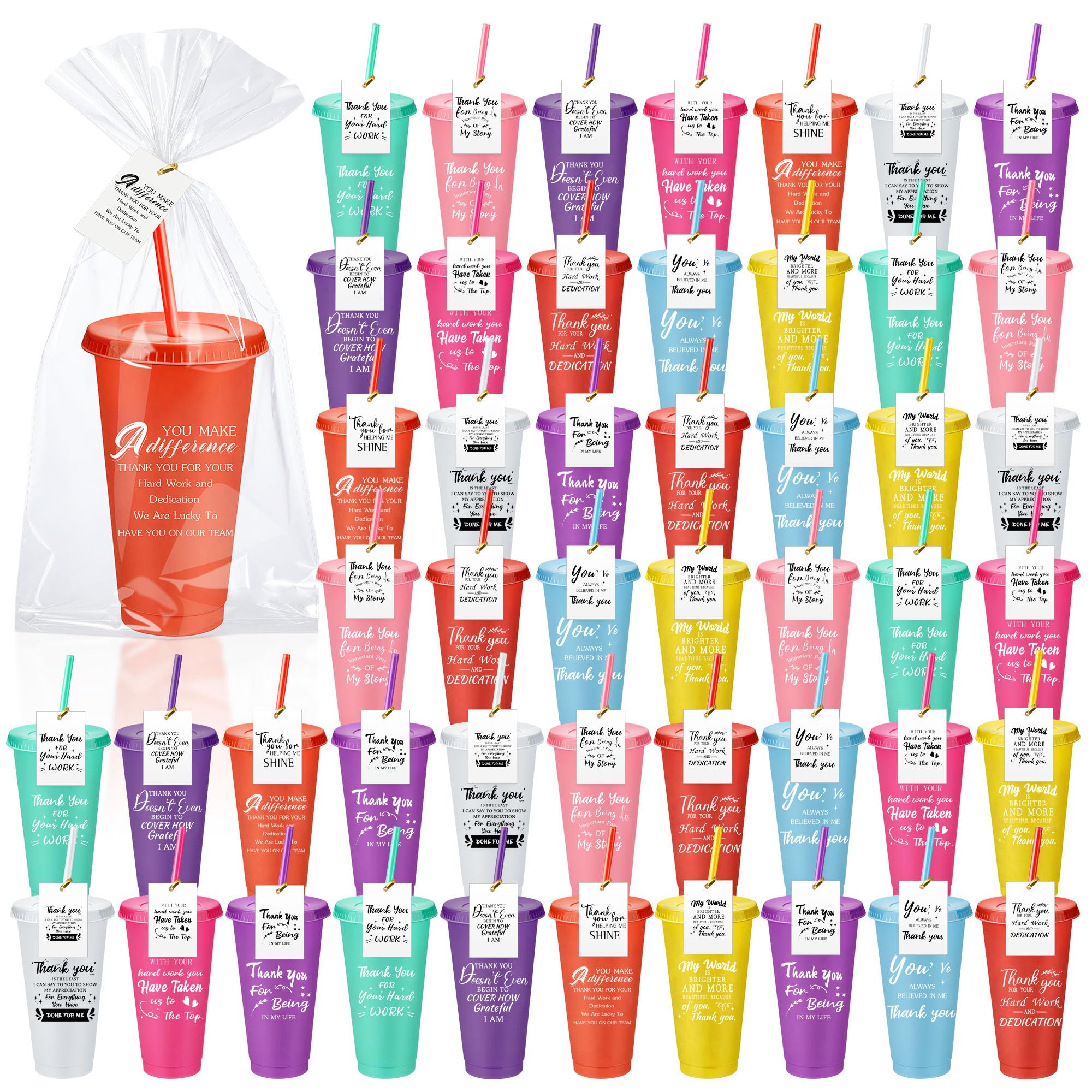 Tioncy Set Regalo 50 Bicchieri Ringraziamento Per Dipendenti Con Coperchi E Cannucce - 680ml, Multicolore - 2