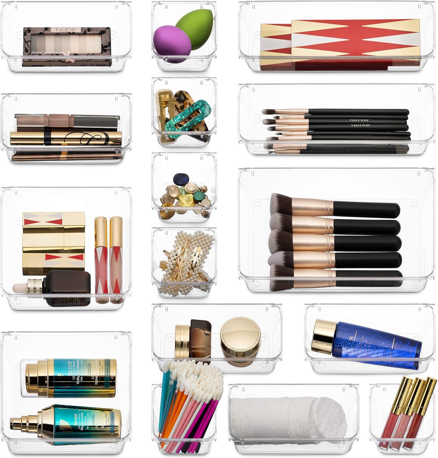 16 Pcs Drawer Organizer Set Dresser Desk Drawer Dividers - 5 Size Bathroom Vanity Cosmetic Makeup Trays - Multipurpose Clear Plastic Storage Bins for Jewelries, Kitchen Gadgets and Office Accessories: Kitchen & Dining