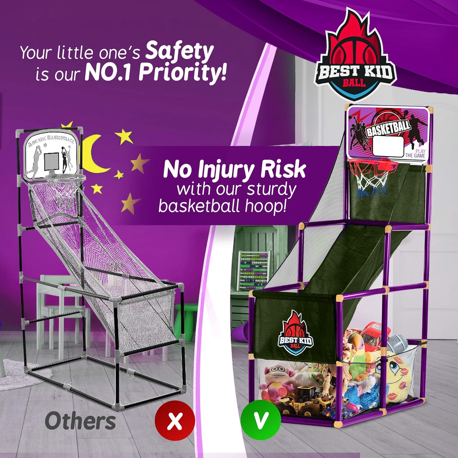 BESTKID BALL Indoor Arcade Basketball Hoop - Basketball Game for Kids and Adults Includes 2 Basketballs and Air Pump - Ideal for Basketball Shootout Game - Purple: Toys & Games