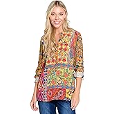 john mark womens Button Up Embroidered Tunic With Roll Tab Sleeves