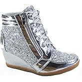 Forever Link Women's Fashion Glitter High Top Lace Up Wedge Sneaker Shoes