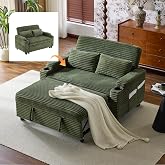 VINGLI Loveseat Sleeper Sofa Couch with Pull Out Chair Bed for Living Room | Green Convertible Futon Sofa Bed, Corduroy Couch Bed with USB Port, Cup Holder, Side Storage for Bedroom, Apartment, Playroom