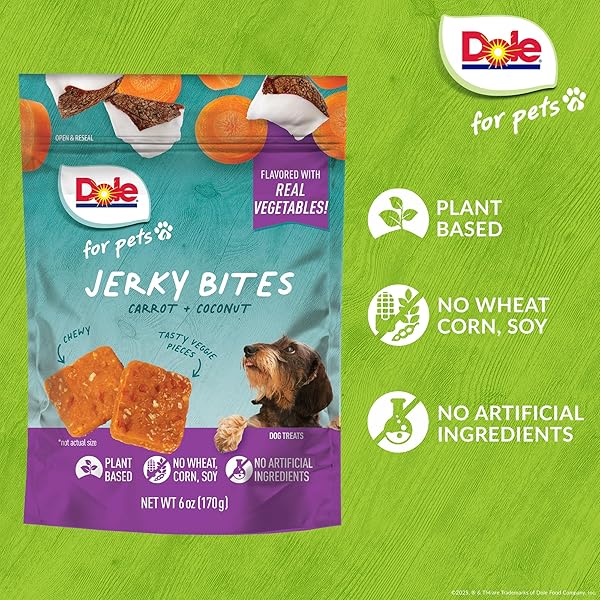 DOLE FOR PETS FRUIT JERKY BITES DOG TREATS, CARROT AND COCONUT FLAVOR, CHEWY TREATS FLAVORED WITH REAL FRUIT AND VEGETABLES, NO WHEAT, CORN, SOY, ARTIFICIAL FLAVORS, COLORS, OR PRESERVATIVES, 6 OZ