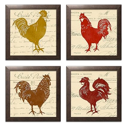 4 Bright Tuscan Rooster Graphic Collage Italian Kitchen Decor