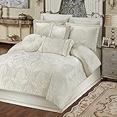 Touch of Class Camelot Luxury Bedding | Neutral Soothing Ivory | Matte Satin Damask on Richly Textured Jacquard-Woven Chenille 4 Piece Set Includes Queen Comforter, Bedskirt, and 2 Standard Shams
