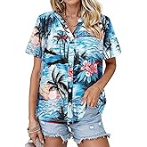 Womens Hawaiian Shirts V Neck Short Sleeve Button Floral Printed T-Shirt Summer Casual Pleated Trendy Blouses Tops