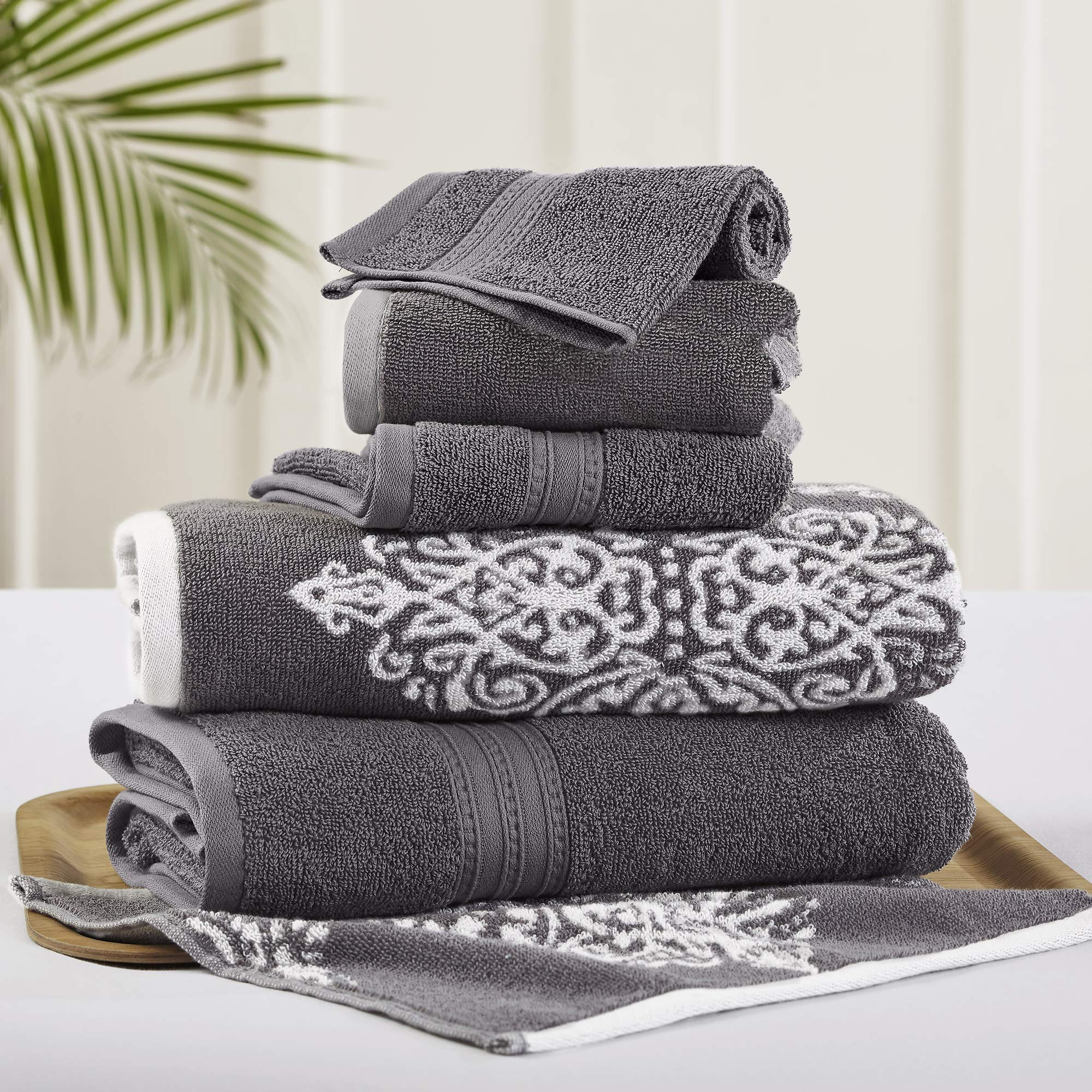 Modern Threads Amrapur Overseas | Artesia Damask 6 Piece Reversible Yarn Dyed Jacquard Towel Set (Platinum)